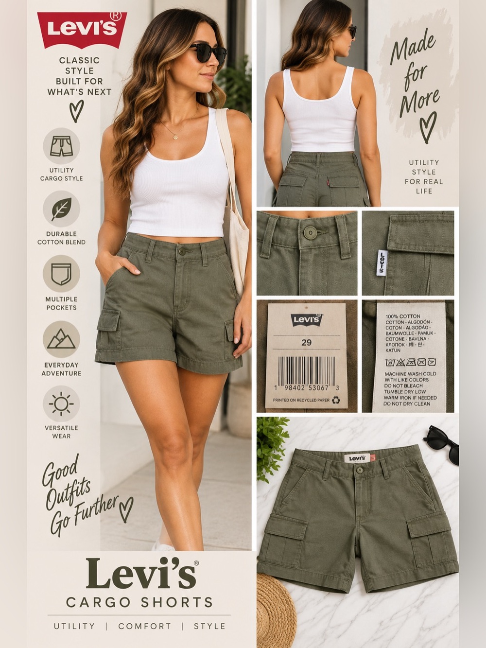 Levi's Olive Cargo Shorts Womens Green Utility Style NEW W29